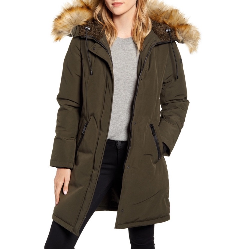 New Sam Edelman Loden Olive Green Faux Fur Hood Puffer Par